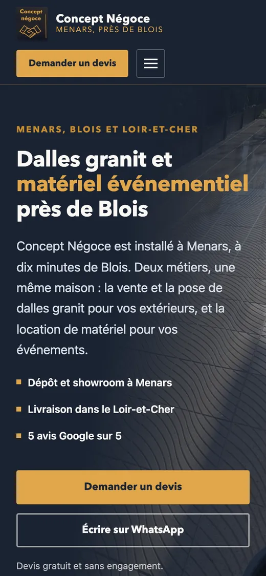 Site web Concept Négoce, dalles granit à Menars dans le Loir-et-Cher, affiché sur téléphone